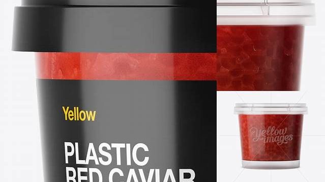 6716+ Glossy Plastic Container With Red Caviar PSD Mockup Eye-Level Shot Smart Editable Design Mockup