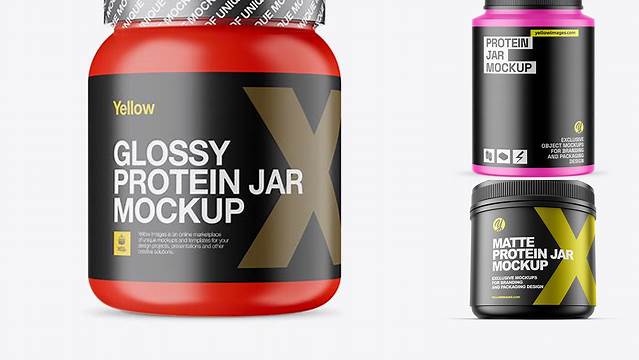 6717+ Matte Protein Jar With Shrink Band PSD Mockup Free Editable Photoshop Template