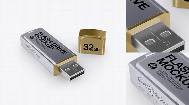 672+ Opened Metallic USB Flash Drive PSD Mockup Half-Side High Angle Free PSD