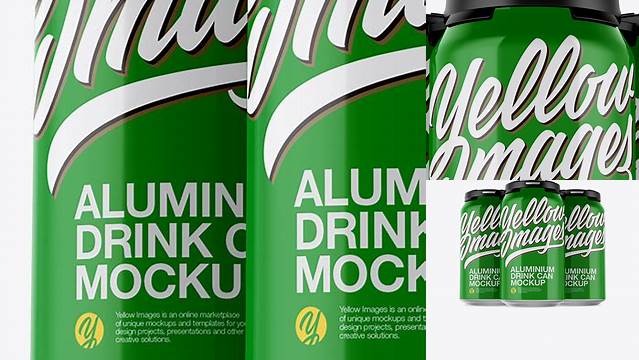 6742+ Pack with 3 Glossy Cans with Plastic Holder PSD Mockup Front View Editable Graphic Free PSD