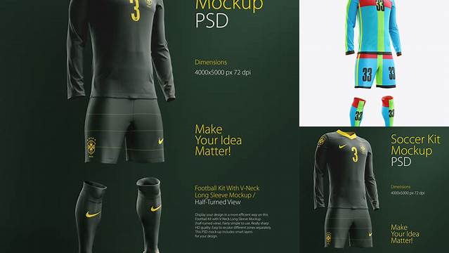 6744+ Football Kit with V-Neck Long Sleeve PSD Mockup / Half-Turned View Exclusive Free Photoshop Asset