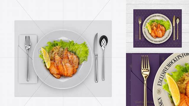 6750+ Plate with Fillet Of Red Fish and Cutlery PSD Mockup Top View Premium Free Mockup PSD