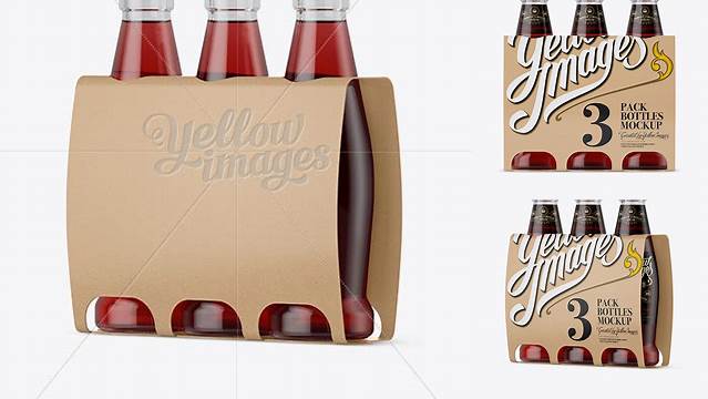 6756+ Kraft Paper 3 Pack Red Liquid Bottle Carrier PSD Mockup Halfside View Editable Photoshop File