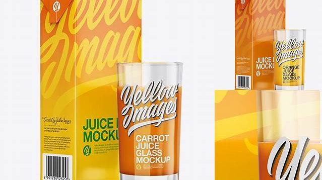 6758+ 1L Carton Pack With Carrot Juice Glass PSD Mockup Halfside View Free Creative Design