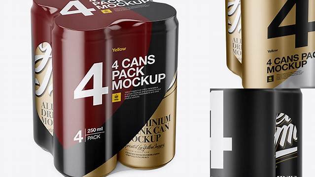 6758+ 4 Cans in Matte Shrink Wrap PSD Mockup Half Side View Unique High-Resolution Design Freebie