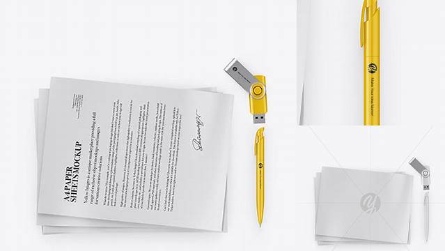 6759+ A4 Paper Sheets with USB Flash Drive & Pen PSD Mockup Elegant Photoshop Mockup