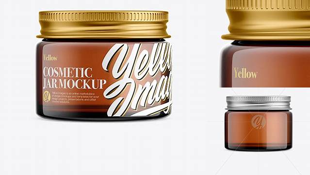 6770+ Amber Glass Cosmetic Jar with Metallic Cap PSD Mockup Front View high Angle Shot Editable Design PSD File