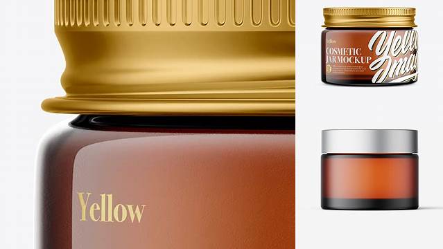 6774+ Amber Glass Cosmetic Jar with Metallic Cap PSD Mockup Front View Fully Layered Photoshop Freebie