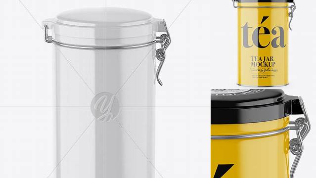 6784+ Glossy Tea Round Jar With Locking Lid PSD Mockup High-Angle Shot Professional Design PSD