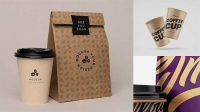 6792+ Matte Bag with Kraft Coffee Cup PSD Mockup Half Side View Unique High-Resolution PSD