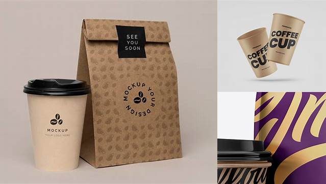 6792+ Matte Bag with Kraft Coffee Cup PSD Mockup Half Side View Unique High-Resolution PSD