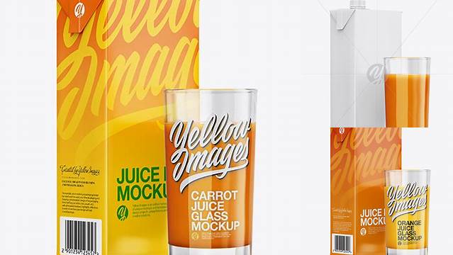 6802+ 1L Carton Pack With Carrot Juice Glass PSD Mockup Halfside View Free Downloadable Graphic Resource