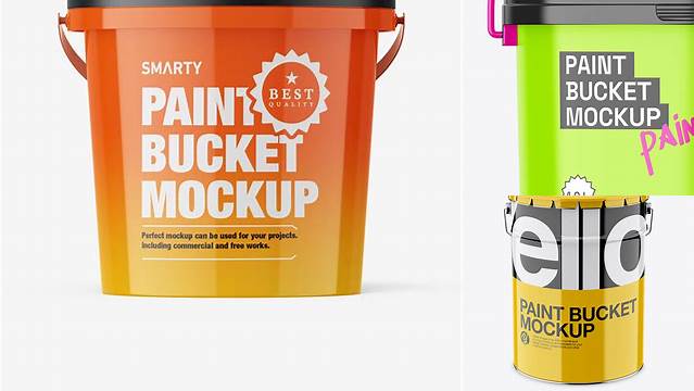 6824+ Glossy Paint Bucket PSD Mockup Front View High Angle Shot Free Graphic Mockup PSD