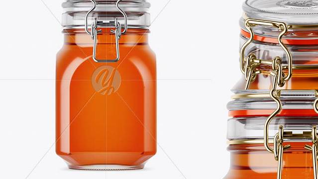 6825+ 900ml Pure Honey Glass Jar with Clamp Lid PSD Mockup Front View Eye-Level Shot Advanced Photoshop Template