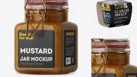 6830+ Glass Jar with Mustard PSD Mockup Halfside View High-Quality Digital Mockup Resource