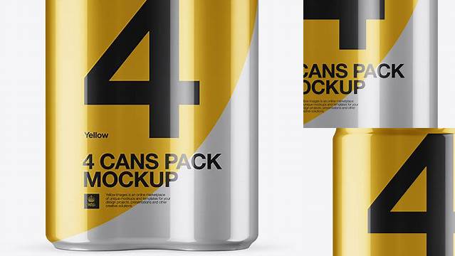 6857+ 4 Cans in Metallic Shrink Wrap PSD Mockup Front View Best Free Mockup PSD