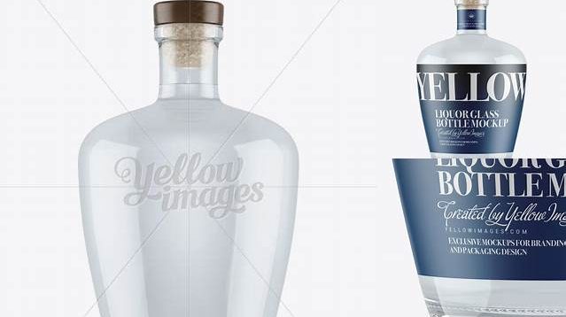 686+ Clear Glass Liquor Bottle with Bung PSD Mockup Modern Photoshop Resource