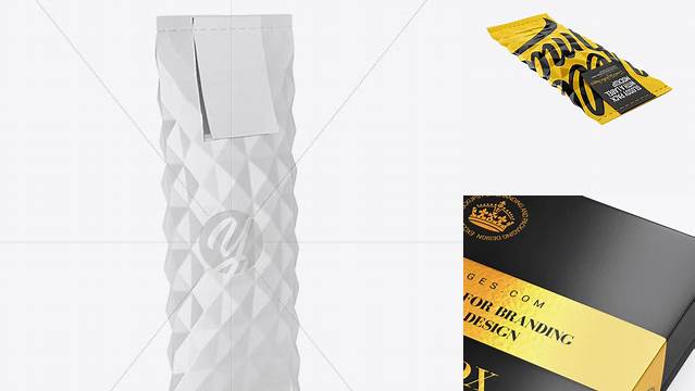 6870+ Glossy Package With a Label PSD Mockup Half Side View High-Angle Shot Fully Customizable Mockup PSD Free