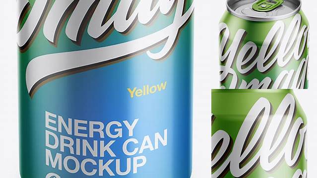 6876+ 440ml Metallic Aluminium Can PSD Mockup Front View High Angle Shot Free Graphic Mockup PSD