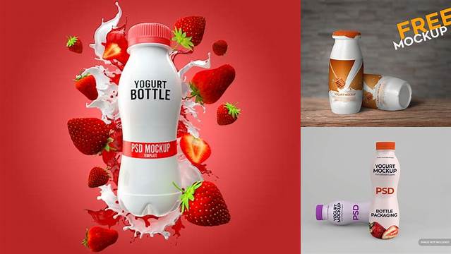 6883+ Strawberry Yogurt Bottle PSD Mockup High-Quality Creative PSD