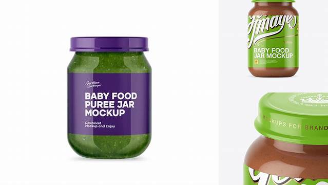 6885+ Baby Food Vegetable Puree Jar PSD Mockup High-Angle Shot Free Creative Design