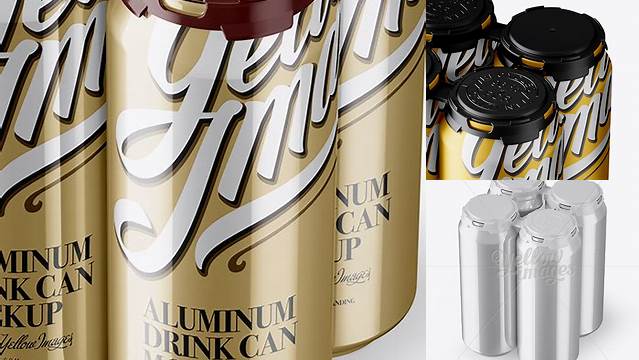 6885+ Pack with 4 Matte Metallic Aluminium Cans with Plastic Holder Halfside View High-Angle Shot Exclusive PSD Design Freebie