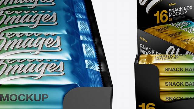 6904+ 16 Snack Bars Metallic Display Box PSD Mockup Half Side View High-Angle Shot PSD for Creative Projects