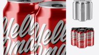 6925+ Pack with 4 Metallic Cans with Plastic Holder PSD Mockup Half Side View High-Angle Shot Versatile and Modern PSD Mockup