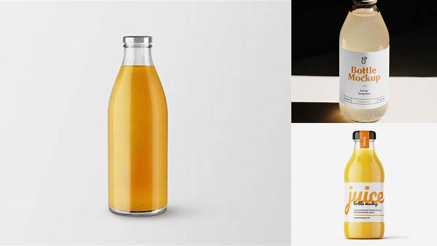 6946+ Clear Glass Bottle With Orange Drink PSD Mockup Free PSD