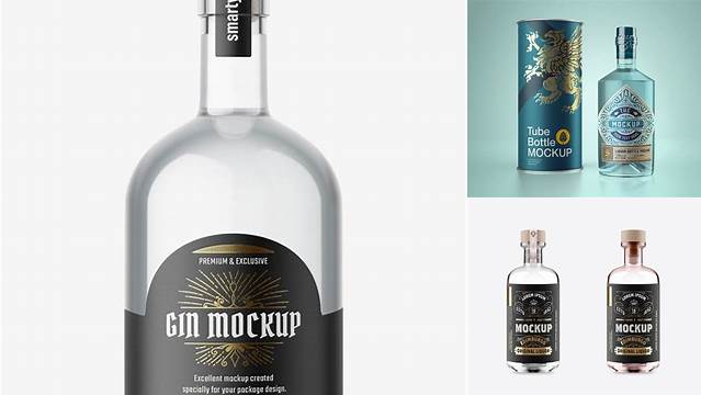 6947+ Clear Glass Dry Gin Bottle PSD Mockup Unique High-Resolution Photoshop Mockup