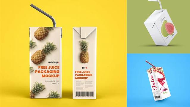 696+ 250ml Juice Carton Package with Straw PSD Mockup Digital Download