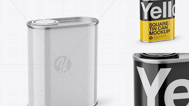 6966+ 1L Closed Square Tin Can PSD Mockup Half Side View High-Angle Shot Smart Object PSD Template