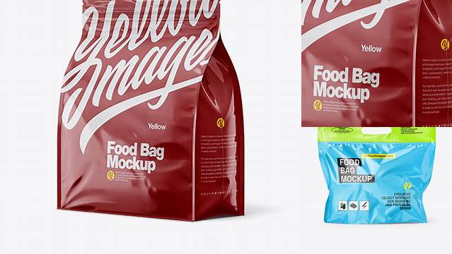 6972+ Glossy Plastic Food Bag PSD Mockup Halfside View High-Resolution PSD Download