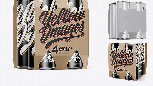 6972+ Kraft Carrier with 4 Glossy Cans PSD Mockup Half Side View High-Angle Shot Digital Resource Free Download