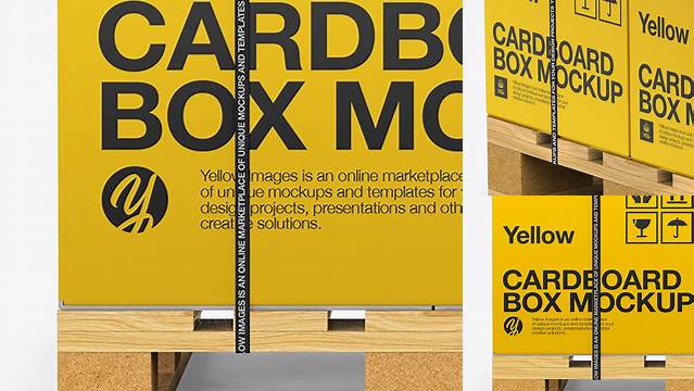 7013+ Wooden Pallet With Strapped Carton Box PSD Mockup Front View Editable Mockup PSD