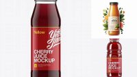 7039+ Clear Glass Bottle with Cherry Juice Mock-up Smart Object Free Photoshop File