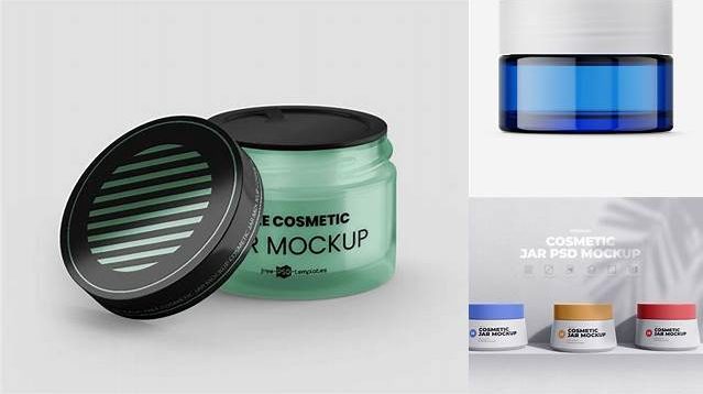 7050+ Blue Glass Cosmetic Jar PSD Mockup High-Angle Shot Modern PSD Templates