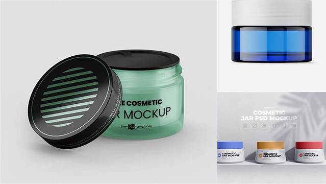 7050+ Blue Glass Cosmetic Jar PSD Mockup High-Angle Shot Modern PSD Templates