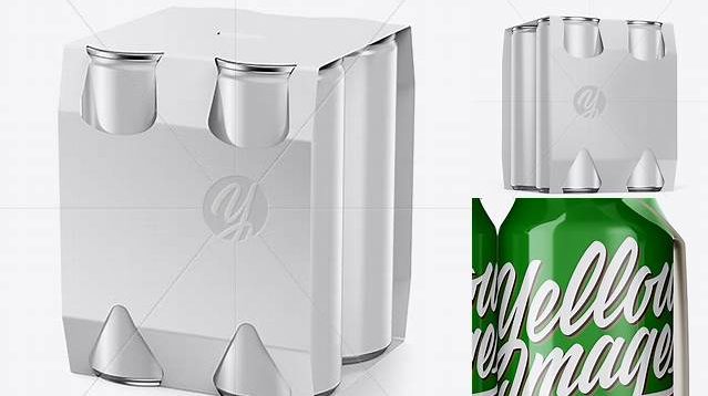 7060+ Carton Carrier with 4 Glossy Cans PSD Mockup Half Side View High-Angle Shot High-Quality PSD Files