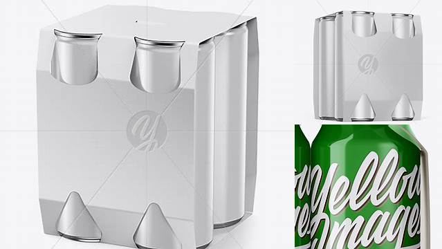 7060+ Carton Carrier with 4 Glossy Cans PSD Mockup Half Side View High-Angle Shot High-Quality PSD Files