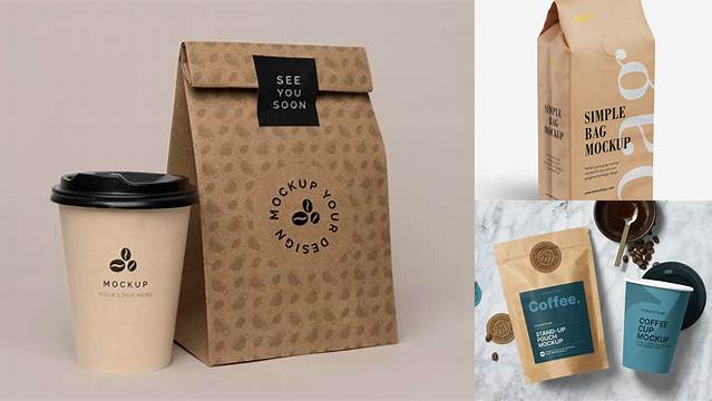 7061+ Glossy Bag with Kraft Coffee Cup PSD Mockup Front View Download Free Premium Design PSD