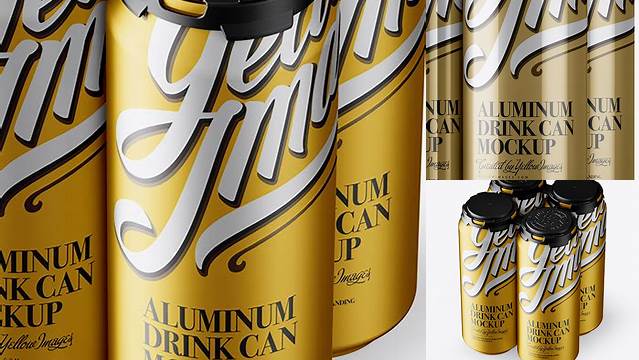 7067+ Pack with 4 Metallic Aluminium Cans with Plastic Holder PSD Mockup Half Side View High-Angle Shot Custom Mockup PSD for Free