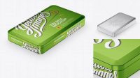 708+ Metallic Tin Box PSD Mockup Halfside View High-Angle Shot Customizable Layered Design PSD