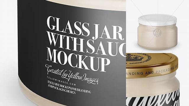 7084+ 250ml Clear Glass Jar With Garlic Sauce PSD Mockup High-Angle Shot Smart Object Free Photoshop File