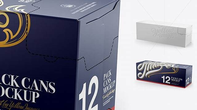 7102+ Closed Box with 12 Aluminium Cans PSD Mockup Half Side View High Angle Shot Photoshop Resource Free