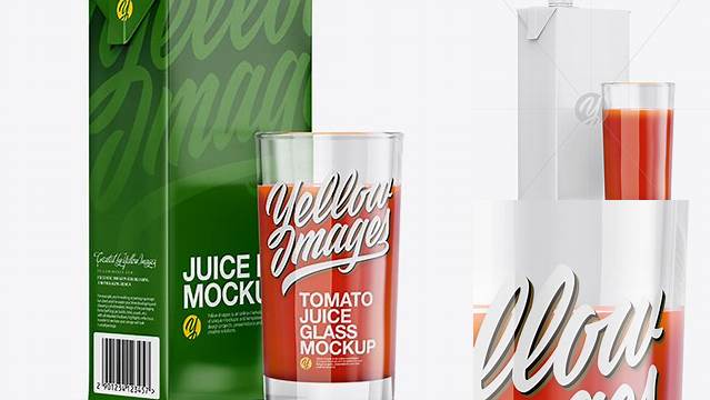 7108+ 1L Carton Pack With Tomato Juice Glass PSD Mockup Halfside View Stylish Free PSD