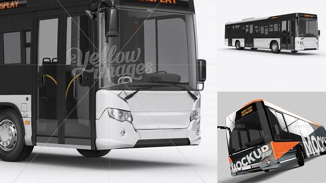 7113+ City Bus HQ PSD Mockup Front 3/4 View Exclusive Free Photoshop Mockup