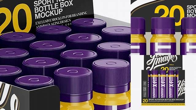 714+ 20 Glossy Sport Nutrition Bottles Display Box PSD Mockup Front View Modern Photoshop Resource