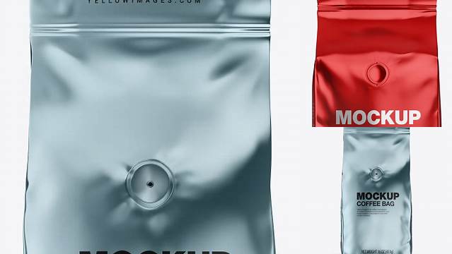 7150+ Glossy Metallic Coffee Bag with Valve PSD Mockup Front View Unique Free Photoshop Files