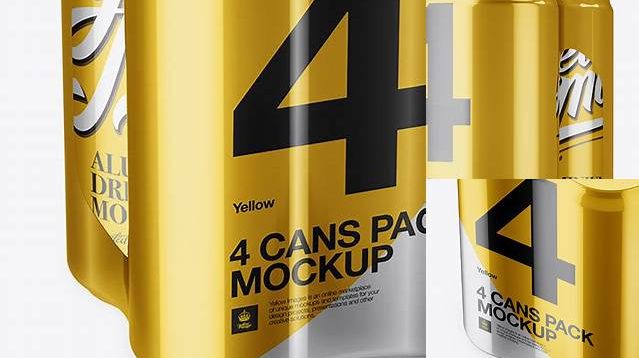 7153+ 4 Cans in Metallic Shrink Wrap PSD Mockup Half Side View Elegant and Versatile PSD Resource